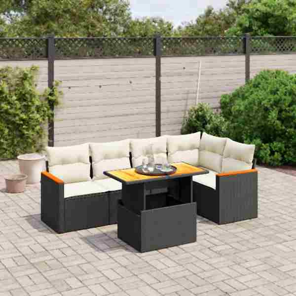 vidaXL 6-tlg. Garten-Sofagarnitur mit Kissen Schwarz Poly Rattan, UV-beständig, 3273065