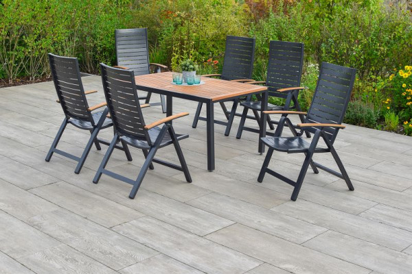 Merxx Astros Set 7-teilig, 6 Astros Klappsessel, Rückenlehne 5-fach verstellbar, 1 Tisch 150 x 90 cm, Aluminium mit FSC Akazienholz, 50626-217