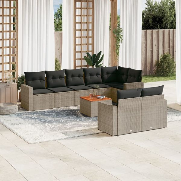 vidaXL 9-teilig Garten-Sofagarnitur mit Kissen Grau Poly Rattan, 3224212