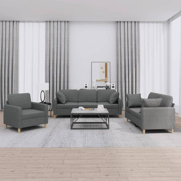 vidaXL 3-tlg. Sofagarnitur mit Kissen Dunkelgrau Stoff, 3202071