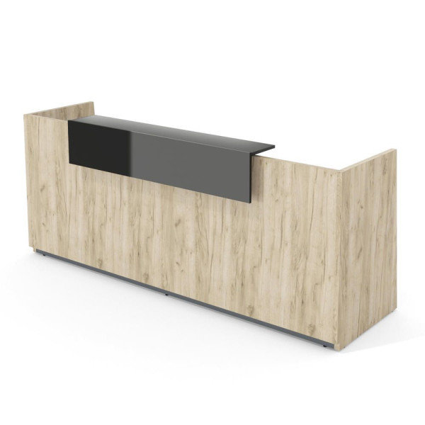 Deskin Theke LIBRA, Eiche Landhaus, Aufsatz grau glänzend, B 2600 x T 950 x H 1100 mm, 288087