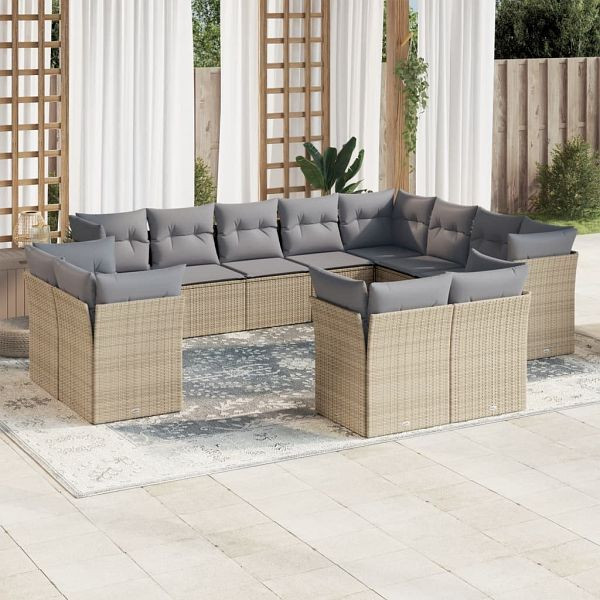 vidaXL 12-tlg. Garten-Sofagarnitur mit Kissen Beige Poly Rattan, 3218529