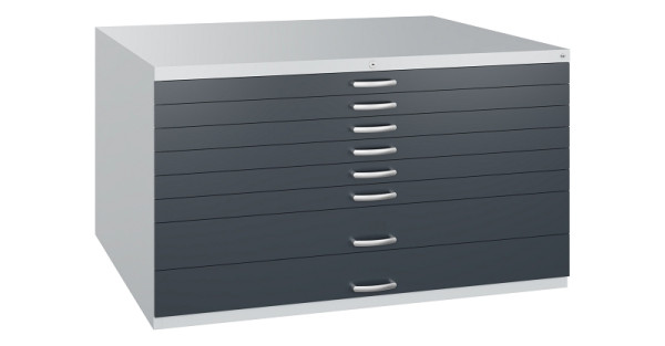 C+P Flachablageschrank Serie 7100_7200, H760xB1350xT960mm, 7035/7016, 2 Schubladenblenden doppelwandig, 7201-200 S10419