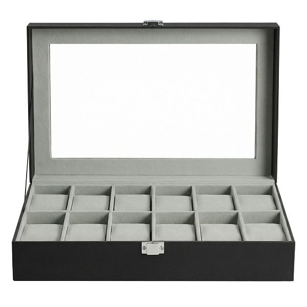 SONGMICS Uhrenbox mit 12 Schlitzen, mit Glasdeckel, mit abnehmbaren Uhrenkissen, Metallverschluss, synthetisches Leder, graues Futter, JWB12BK