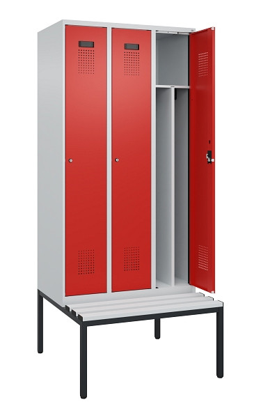 C+P Spind Evolo PLUS, 3 Abteile, 2120x900x815mm, 7035/3020, Haken 4, Zylinderschloss, Sitzfläche Kunststoff, Sitzbank, 0490507-30F S10086