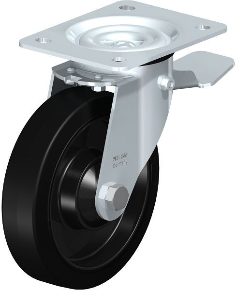 Blickle LE-POEV 161KD-ST Stahlblech-Lenkrolle mit Anschraubplatte & Feststeller, Elastik-Vollgummi, Schwarz, 850143