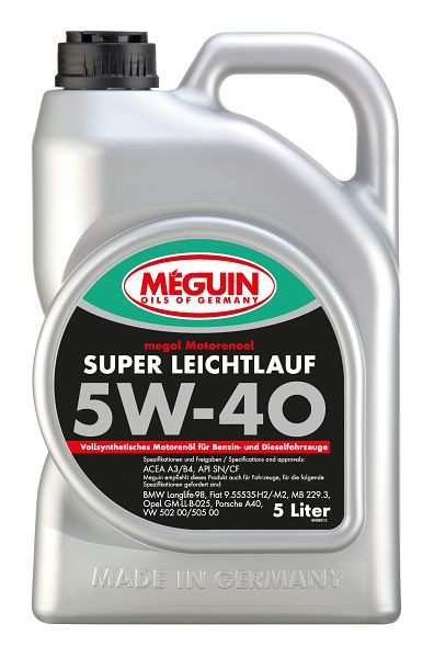 Meguin megol Motorenöl Super Leichtlauf SAE 5W-40 vollsynthetisch, Kanister Kunststoff, VE: 5 Liter, 4809