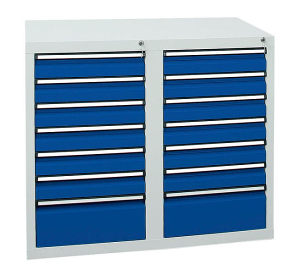 stumpf Schubladenschrank Serie STS 410, RAL 7035/5010, 14 Schubladen (12x100, 2x200 mm), 7102274