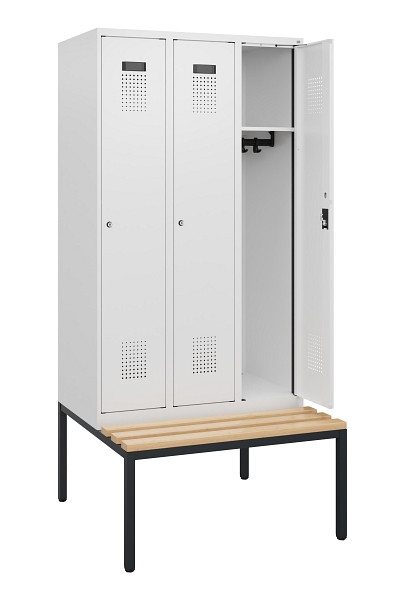 C+P Spind Evolo PLUS, 3 Abteile, 1950x900x815mm, 9016/9016, Zylinderschloss, Sitzfläche Buche-Hartholz, Sitzbank, 0490505-30 S10047
