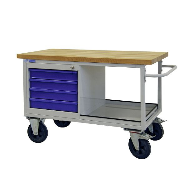ADB Mobile Werkbank "Typ Tischwagen" 4 Schubladen+1 Ablageboden, HxBxT: 840x1300x600 mm, lichtgrau, RAL 7035, Tür/Schubladen: Lichtblau, RAL 5012, 42741