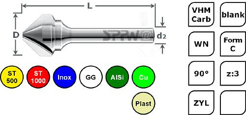 SPPW Kegelsenker VHM 90° z:3 Form C L: 53 Ø10,4, 6523001040