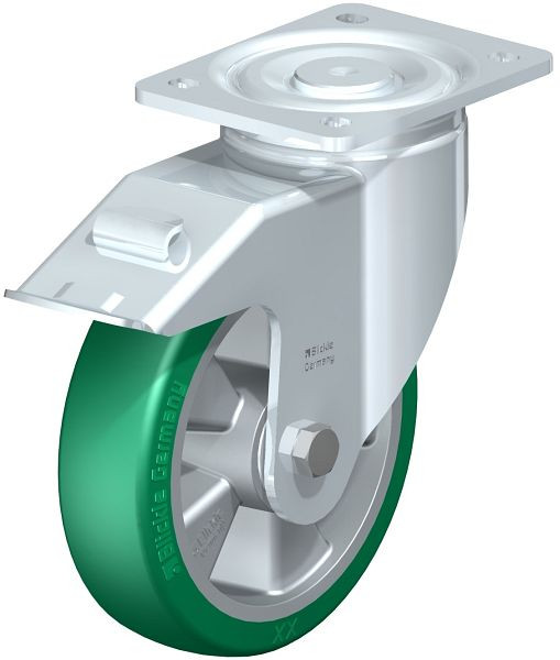 Blickle LH-ALST 180K-FI Stahlblech-Lenkrolle, Schwerlast-Ausführung, mit Anschraubplatte & Feststeller, Blickle Softhane®, Grün, 754581