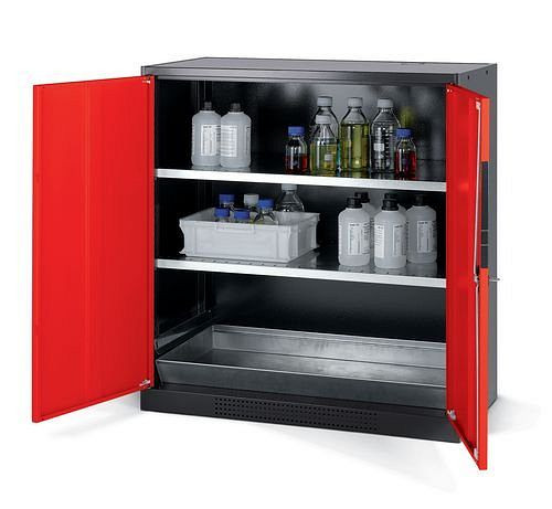 asecos Chemikalienschrank Systema CS-102, Korpus anthrazit, rot, 2 Einlegeböden und Bodenwanne, 202600