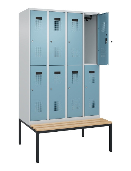 C+P Doppelstock-Spind Evolo PLUS, Bank, 8 Fächer, 2120x1200x815mm, 7035/0010, Zylinderschloss, Sitzfläche Buche-Hartholz, Sitzbank, 0493507-40 S10036