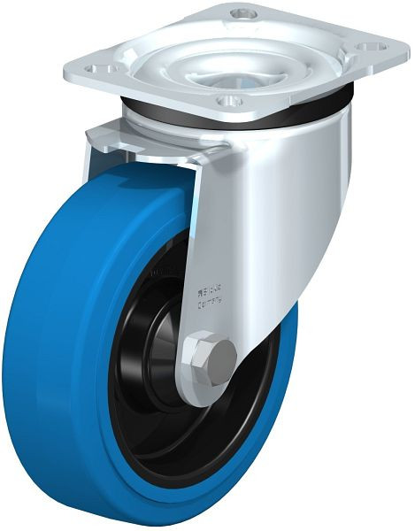 Blickle LK-POEV 125KD-1-SB Stahlblech-Lenkrolle, schwere Ausführung, mit Anschraubplatte, Elastik-Vollgummi, Blau, 851103