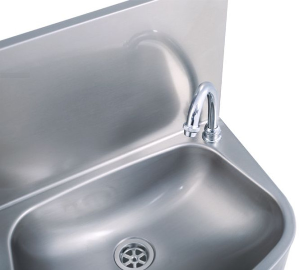 KBS Handwaschbecken BxTxH 48x35x22cm, halbrunde Form, ovales Becken, Wandmontage inkl. Wasserhahn und Aufkantung, zeitgesteuerte Kniebedienung, 21010011