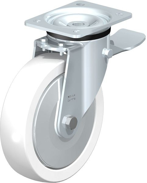 Blickle LK-SPO 200K-ST-FA Stahlblech-Lenkrolle, schwere Ausführung, mit Anschraubplatte & Feststeller, Polyamid, Weiß, 16519