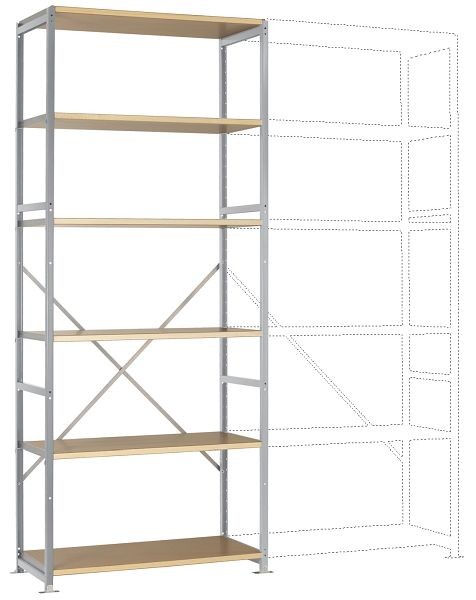 Manuflex Mittelschweres Fachboden-Steckregal Grundregal mit 6 Holzverbundböden, HxBxT = 2500 x 1030 x 400 mm, alusilber, RP1306.9006