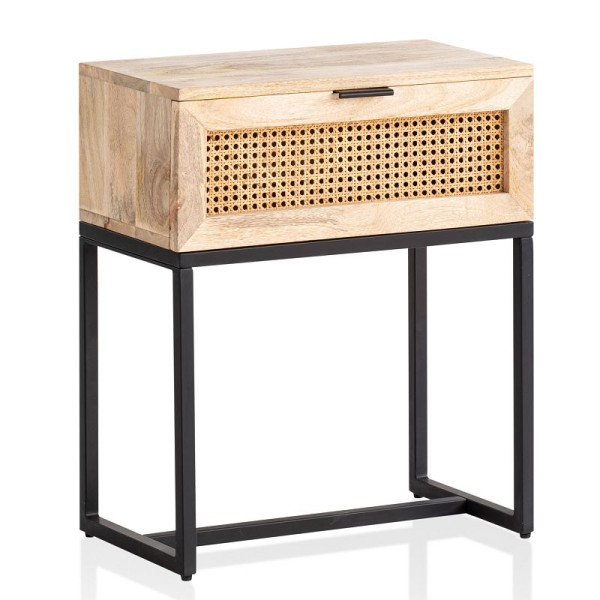 Wohnling Nachtkonsole Mango Massivholz/Rattan 50x60x30 cm Nachttisch Braun, Nachtkästchen mit Stauraum & Metallgestell, WL6.809