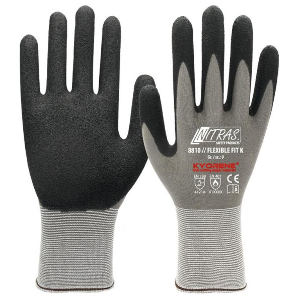 NITRAS FLEXIBLE FIT K, Strickhandschuhe, KYORENE®-Spezialgarn, grau, Nitrilschaum-Beschichtung, schwarz, Größe: 7, VE: 72 Paar, 8810-7