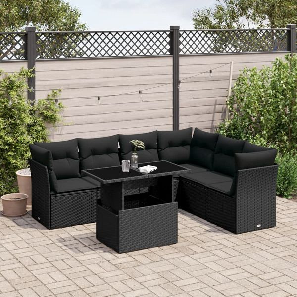 vidaXL 7-teilig Garten-Sofagarnitur mit Kissen Schwarz Poly Rattan, 3266605