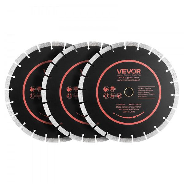 VEVOR 3 Stk. Diamanttrennscheiben 306mm, 25,4mm Bohrung, 13mm Segment, 6000 U/min, für Trocken/Nass Beton Stein, HNTJDP12INCHAVLQ7001V0