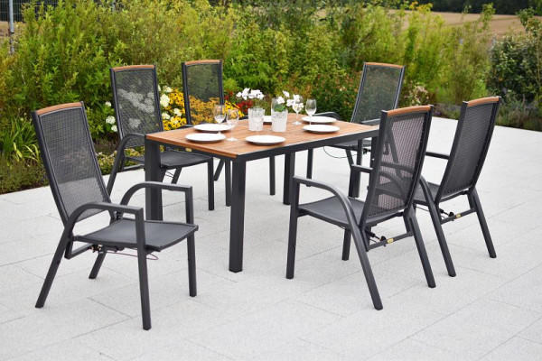 Merxx Tilos Set 7-teilig, 6 Tilos Sessel, Rückenlehne durch Gasdruck verstellbar, 1 Tilos Tisch, 150 x 90 cm, Aluminium mit FSC Akazienholz, 50979-217