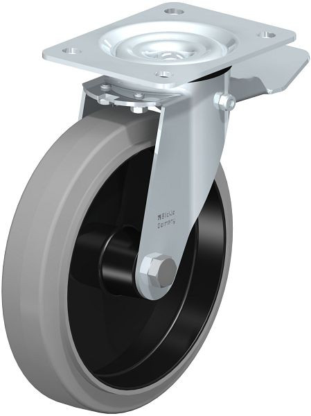 Blickle LE-POEV 201XR-ST-SG Stahlblech-Lenkrolle mit Anschraubplatte & Feststeller, Elastik-Vollgummi, Grau, 850242