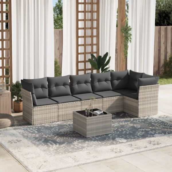 vidaXL 7-tlg. Garten-Sofagarnitur mit Kissen Hellgrau Poly Rattan, 3217672