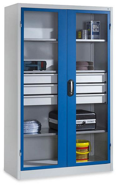 Bedrunka+Hirth Flügeltürenschrank mit mittigem Schubladenblock und Sichtfenster, Maße in mm (BxTxH): 1200 x 500 x 1950, 04155120G-2