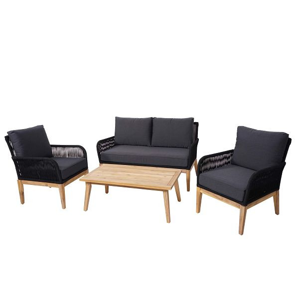 Mendler Gartengarnitur HWC-H58, Lounge-Set Sofa Sitzgruppe, Seilgeflecht Massivholz Akazie Spun Poly FSC, Kissen dunkelgrau, 73623