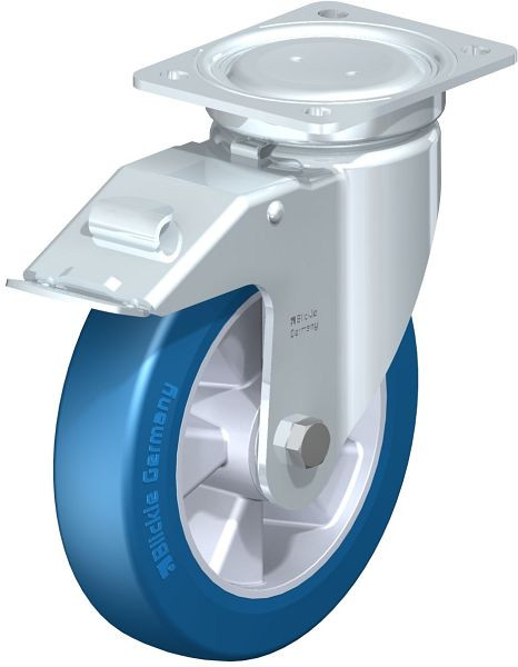 Blickle LU-ALBS 200K-FI Stahlblech-Lenkrolle, schwere, geschlossene Ausführung, mit Anschraubplatte & Feststeller, Blickle Besthane® Soft, Blau, 755078