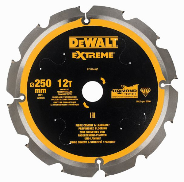 DeWalt Kreissägeblatt PCD 250/30mm 12Z, Faserzement, DT1474-QZ