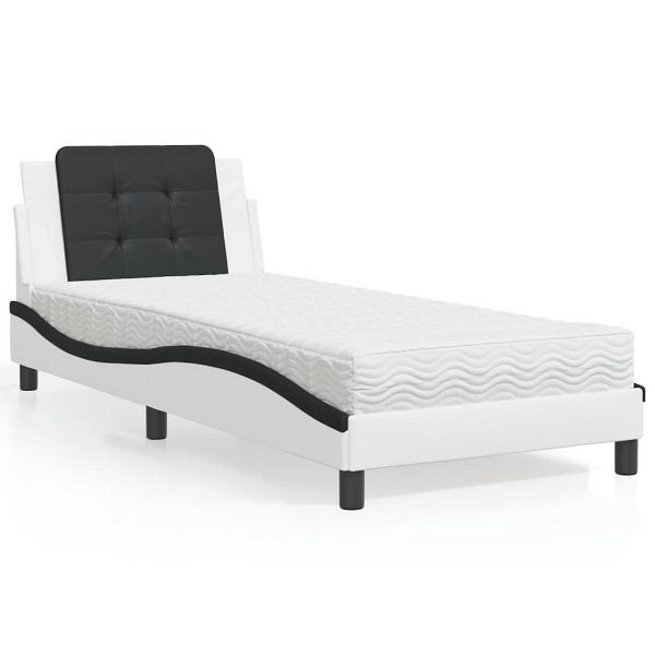 vidaXL Bett mit Matratze Weiß und Schwarz 100x200 cm Kunstleder, 3208851