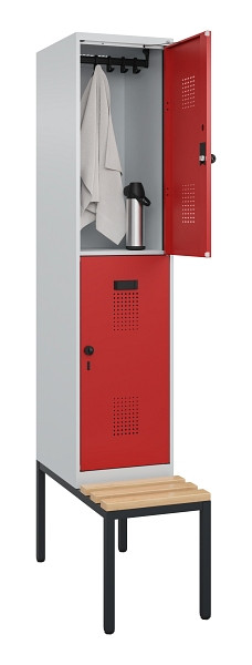 C+P Doppelstock-Spind Evolo PLUS, Bank, 2 Fächer, 2120x400x815mm, 7035/3000, Drehriegel, Sitzfläche Buche-Hartholz, Sitzbank, 0493507-12 S10003