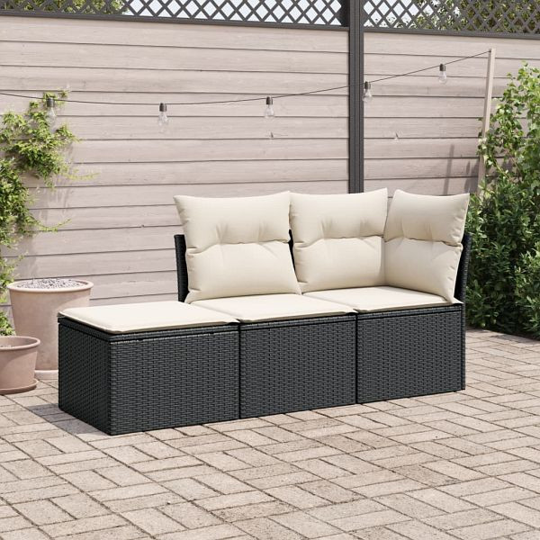 vidaXL 3-teilig Garten-Sofagarnitur mit Kissen Schwarz Poly Rattan, 3249305