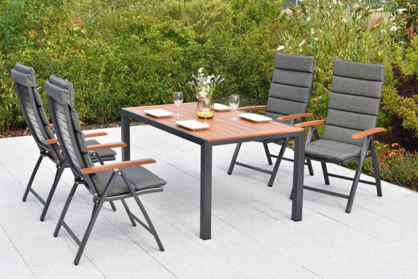 Merxx Tinos Set 9-teilig, 4 Tinos Klappsessel, Holzoptik, 4 Auflagekissen grau, 1 Tisch 150 x 90 cm, folierte Tischplatte, Holzoptik, Aluminium, 50344-800