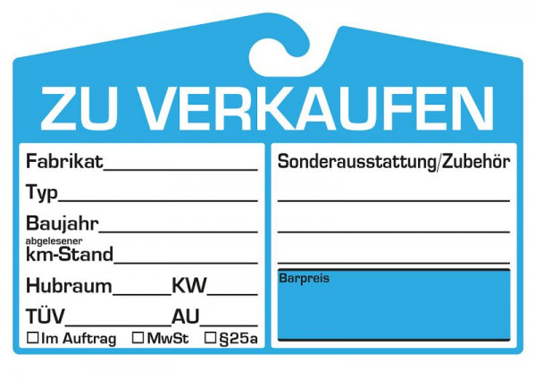 Eichner Verkaufsschild zur Befestigung am Innenspiegel, Blau, Preisfeld: neutral, VE: 25 Stück, 9220-00112