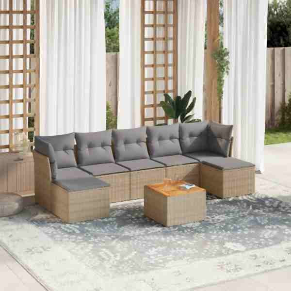 vidaXL 8-tlg. Garten-Sofagarnitur mit Kissen Beige Poly Rattan, UV-beständig, 3223777