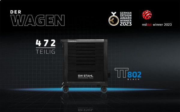 SW-Stahl Profi-Werkstattwagen TT802, schwarz, bestückt, 472-teilig, 7 Einlagen, Z3206