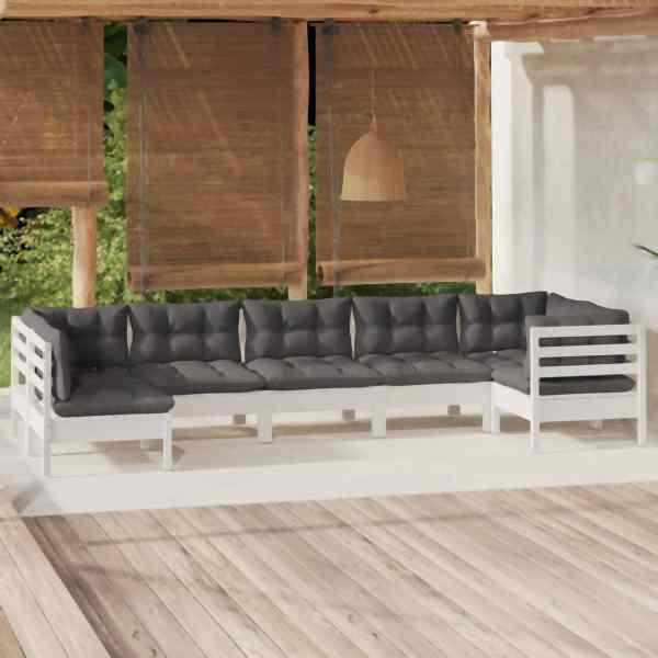 vidaXL 7-tlg. Garten-Lounge-Set mit Kissen Weiß Kiefernholz, 3096431