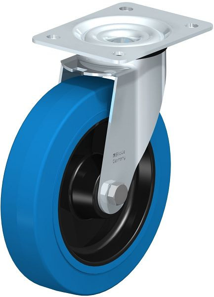 Blickle LE-POEV 200R-SB Stahlblech-Lenkrolle mit Anschraubplatte, Elastik-Vollgummi, Blau, 599878