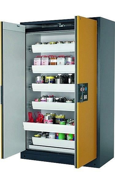 asecos Sicherheitsschrank Q-PEGASUS-90, Q90.195.120.WDAC in sicherheitsgelb RAL 1004 mit 6x Auszugswanne Standard (Stahlblech), 30002-040-30017