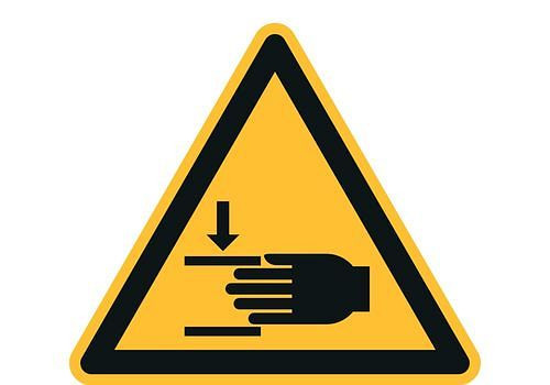 DENIOS Warnschild "Warnung vor Handverletzungen", ISO 7010, Folie, SK, 50 mm, VE: 10 Bogen à 10 Stück, 285171