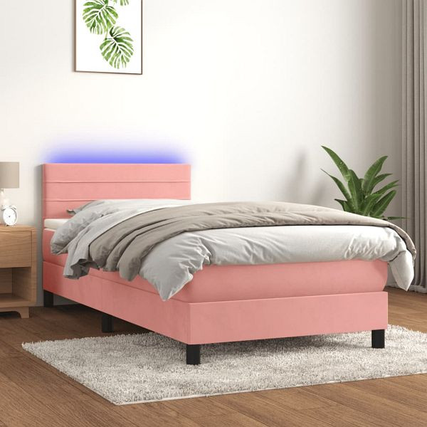 vidaXL Boxspringbett mit Matratze & LED Rosa 90x200 cm Samt, 3134446