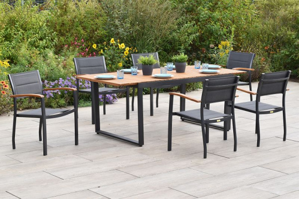 Merxx Paxos Set 7-teilig, 6 Paxos Stapelsessel, gepolstert, graphit/grau, 1 Ausziehtisch, 150 (200) x 90 cm, 50991-307