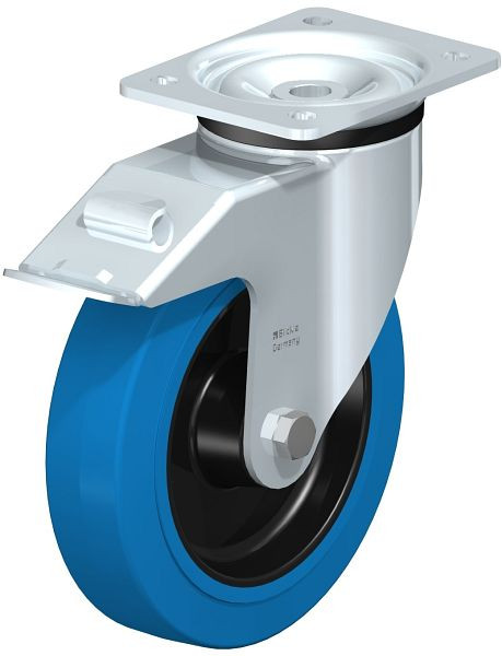 Blickle LK-POEV 200XR-FI-SB Stahlblech-Lenkrolle, schwere Ausführung, mit Anschraubplatte & Feststeller, Elastik-Vollgummi, Blau, 851286