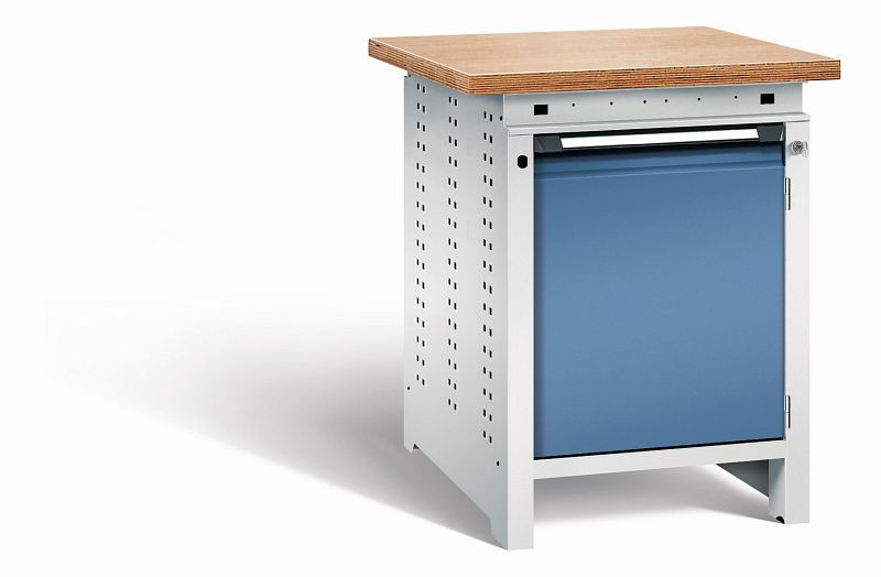 Otto Kind Werkbank Serie function Typ 104, Multiplexplatte 40 mm, überstehend, 1Tür 570 mm, 1 Ablageboden, Gehäuse RAL 7035, Front RAL 5023, 072321264
