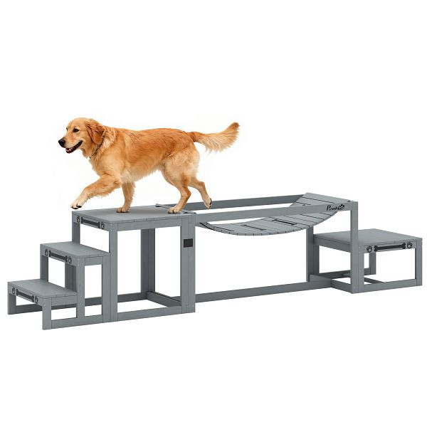 PawHut Hunde Agility Set 3-teiliges Set Agility-Ausrüstung mit Brücke, Treppe, Plattform, Tannenholz, 117 x 50 x 56 cm, D07-060V00GY