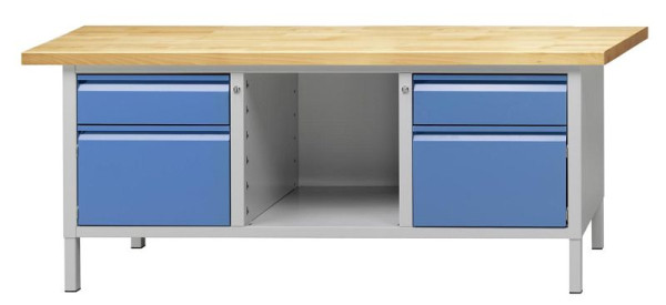 ANKE Werkbänke Kastenwerkbank 2000x700x850mm; RAL7035/5012; Buche-Massiv-Platte 50mm; Links 1 Schublade 170mm; 1Tür Rechts 1 Schublade 170mm; 1Tür, 510.201